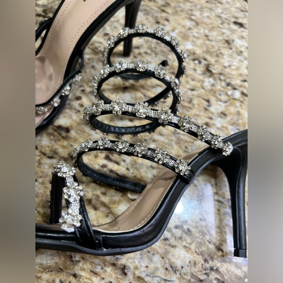 Pazzle Rhinestone Crystal Black/Silver Ankle Wrap High Heel Sandals - Picture 5 of 15